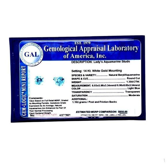 Natural Aquamarine Stud Earrings 14k White Gold 1.3 CTW Certified $950 113470 - Picture 13 of 13